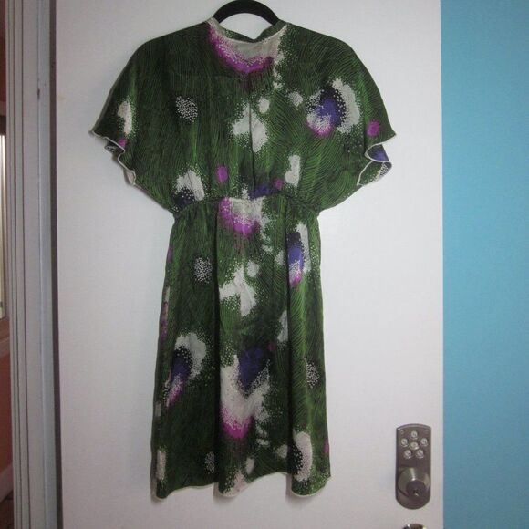 Hale Bob Anthropologie Womens Size S Green Floral Silk Pullover Kimono Dress  - Picture 6 of 13